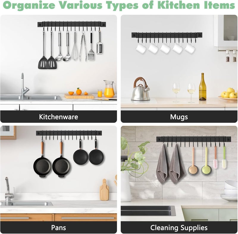Housolution 2 Pack Kitchen Rail with 15 Hooks, 16 Inch Wall Mounted Hanging Utensil Rack Hanger for Kitchen - Image 3